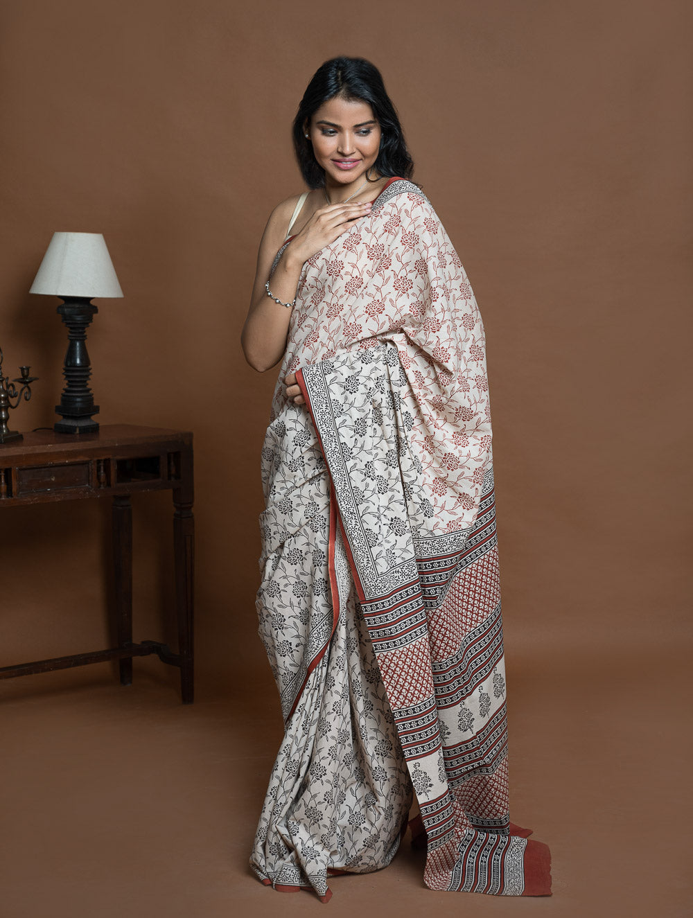Bagru Statements. Hand Block Printed Mul Cotton Saree - Beige Flora