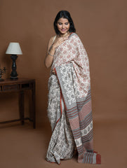 Bagru Statements. Hand Block Printed Mul Cotton Saree - Beige Flora