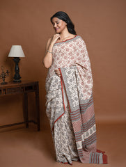 Bagru Statements. Hand Block Printed Mul Cotton Saree - Beige Flora