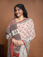 Bagru Statements. Hand Block Printed Mul Cotton Saree - Beige Flora