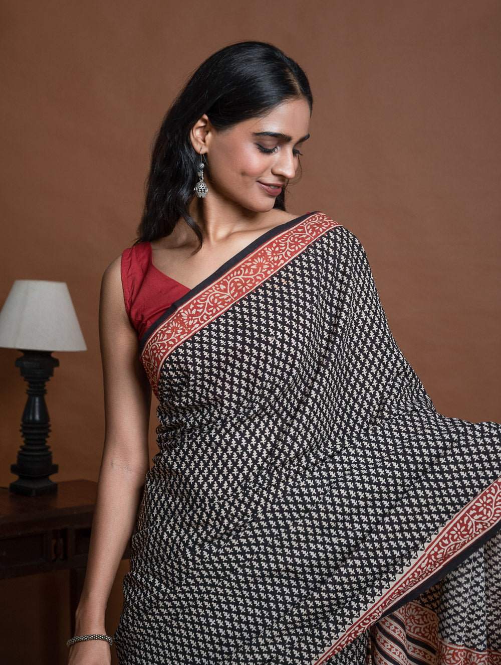 Bagru Statements. Hand Block Printed Mul Cotton Saree - Black Buds