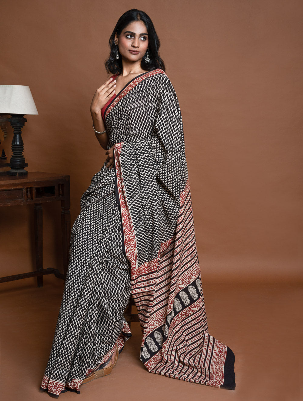 Bagru Statements. Hand Block Printed Mul Cotton Saree - Black Buds