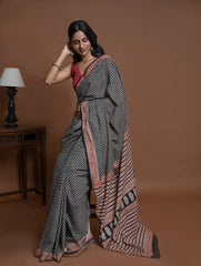 Bagru Statements. Hand Block Printed Mul Cotton Saree - Black Buds