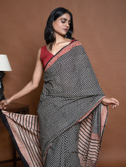 Bagru Statements. Hand Block Printed Mul Cotton Saree - Black Buds