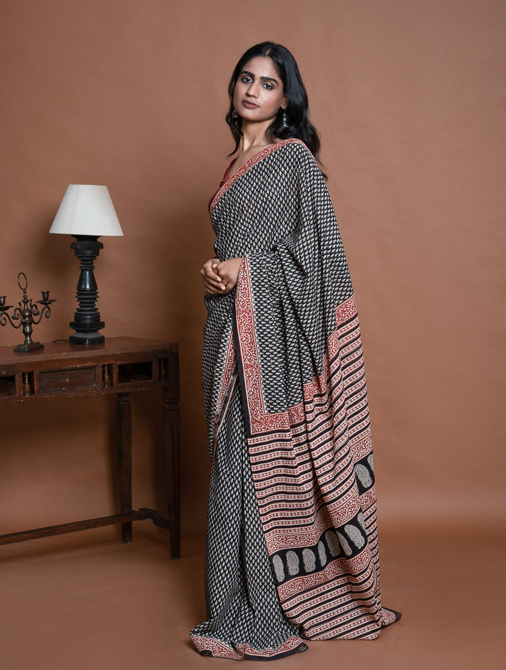 Bagru Statements. Hand Block Printed Mul Cotton Saree - Black Buds