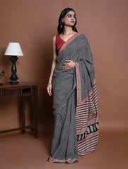 Bagru Statements. Hand Block Printed Mul Cotton Saree - Black Buds