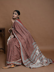 Bagru Statements. Hand Block Printed Mul Cotton Saree - Brick Flora