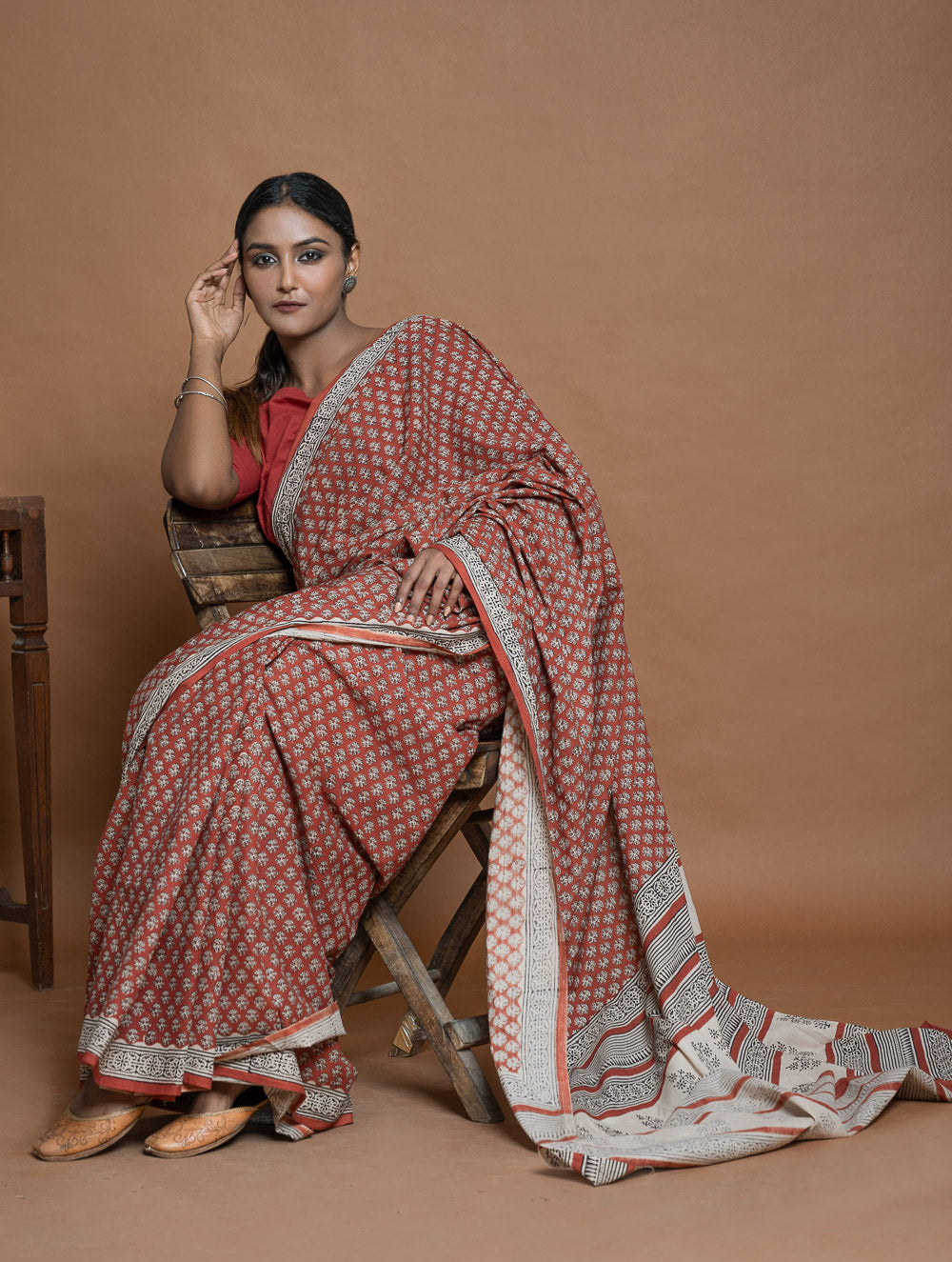 Bagru Statements. Hand Block Printed Mul Cotton Saree - Brick Flora