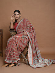 Bagru Statements. Hand Block Printed Mul Cotton Saree - Brick Flora