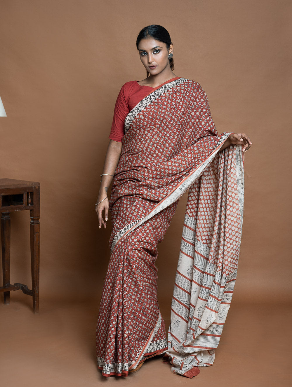 Bagru Statements. Hand Block Printed Mul Cotton Saree - Brick Flora