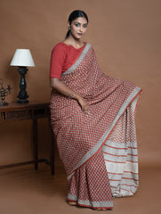 Bagru Statements. Hand Block Printed Mul Cotton Saree - Brick Flora
