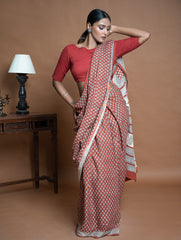 Bagru Statements. Hand Block Printed Mul Cotton Saree - Brick Flora