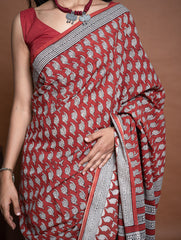 Bagru Statements. Hand Block Printed Mul Cotton Saree - Brick Floret