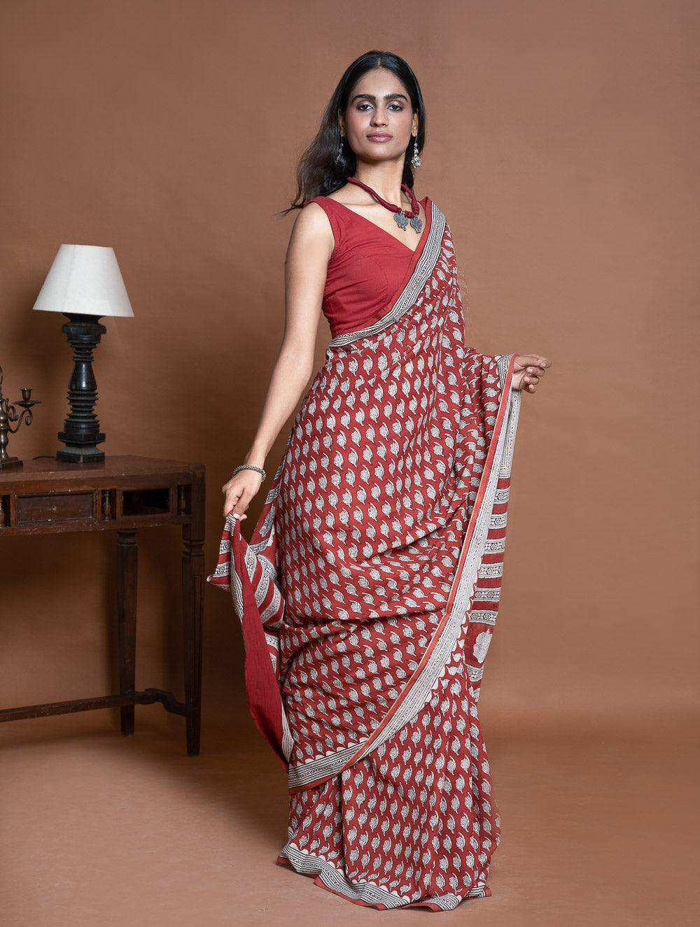 Bagru Statements. Hand Block Printed Mul Cotton Saree - Brick Floret