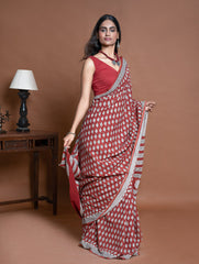 Bagru Statements. Hand Block Printed Mul Cotton Saree - Brick Floret