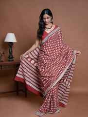 Bagru Statements. Hand Block Printed Mul Cotton Saree - Brick Floret