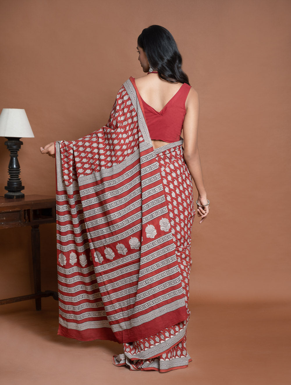 Bagru Statements. Hand Block Printed Mul Cotton Saree - Brick Floret