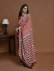 Bagru Statements. Hand Block Printed Mul Cotton Saree - Brick Floret
