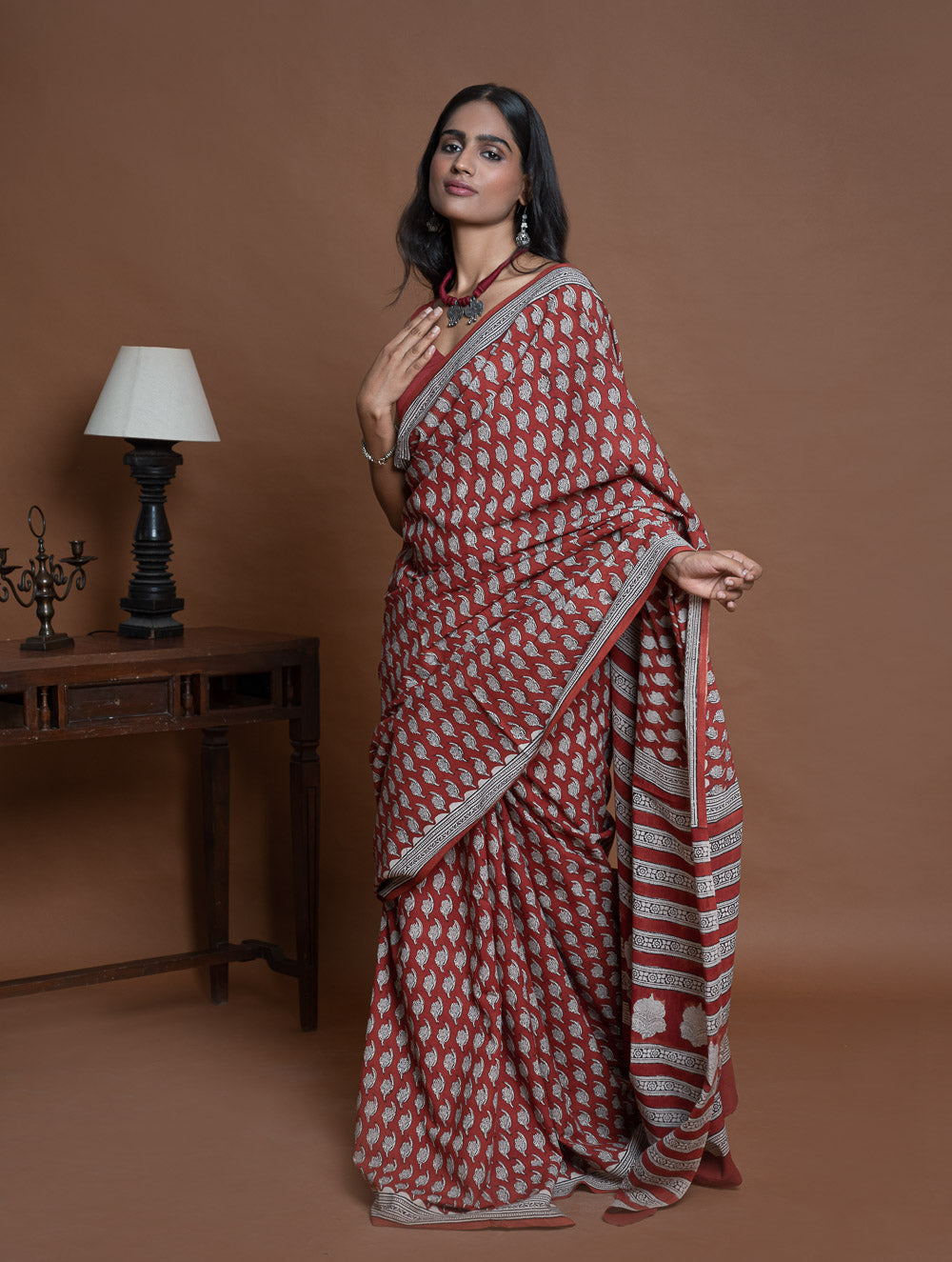 Bagru Statements. Hand Block Printed Mul Cotton Saree - Brick Floret