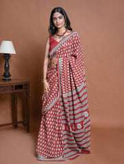 Bagru Statements. Hand Block Printed Mul Cotton Saree - Brick Floret