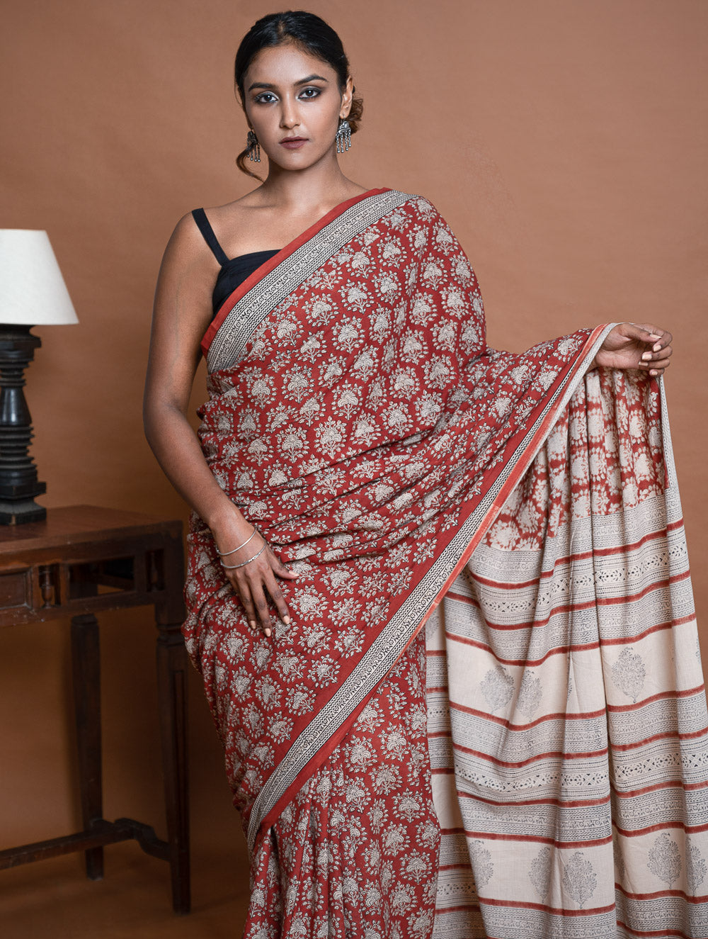 Bagru Statements. Hand Block Printed Mul Cotton Saree - Brick Ornate
