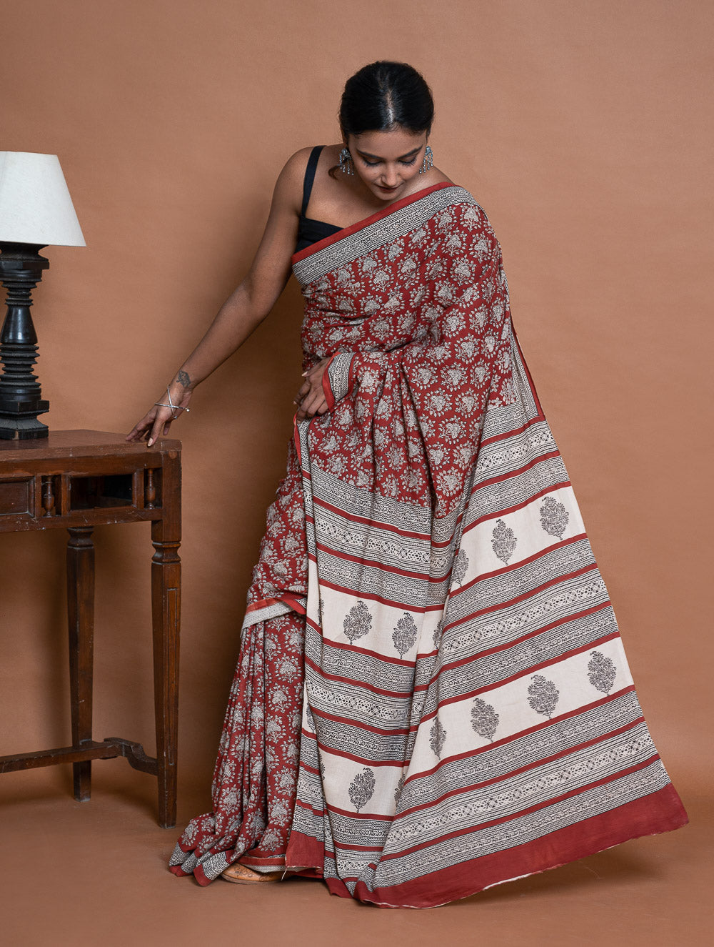 Bagru Statements. Hand Block Printed Mul Cotton Saree - Brick Ornate