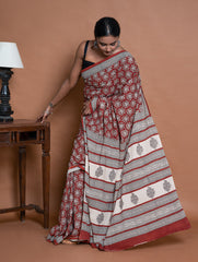 Bagru Statements. Hand Block Printed Mul Cotton Saree - Brick Ornate