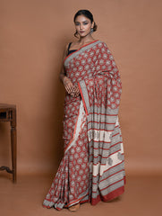 Bagru Statements. Hand Block Printed Mul Cotton Saree - Brick Ornate