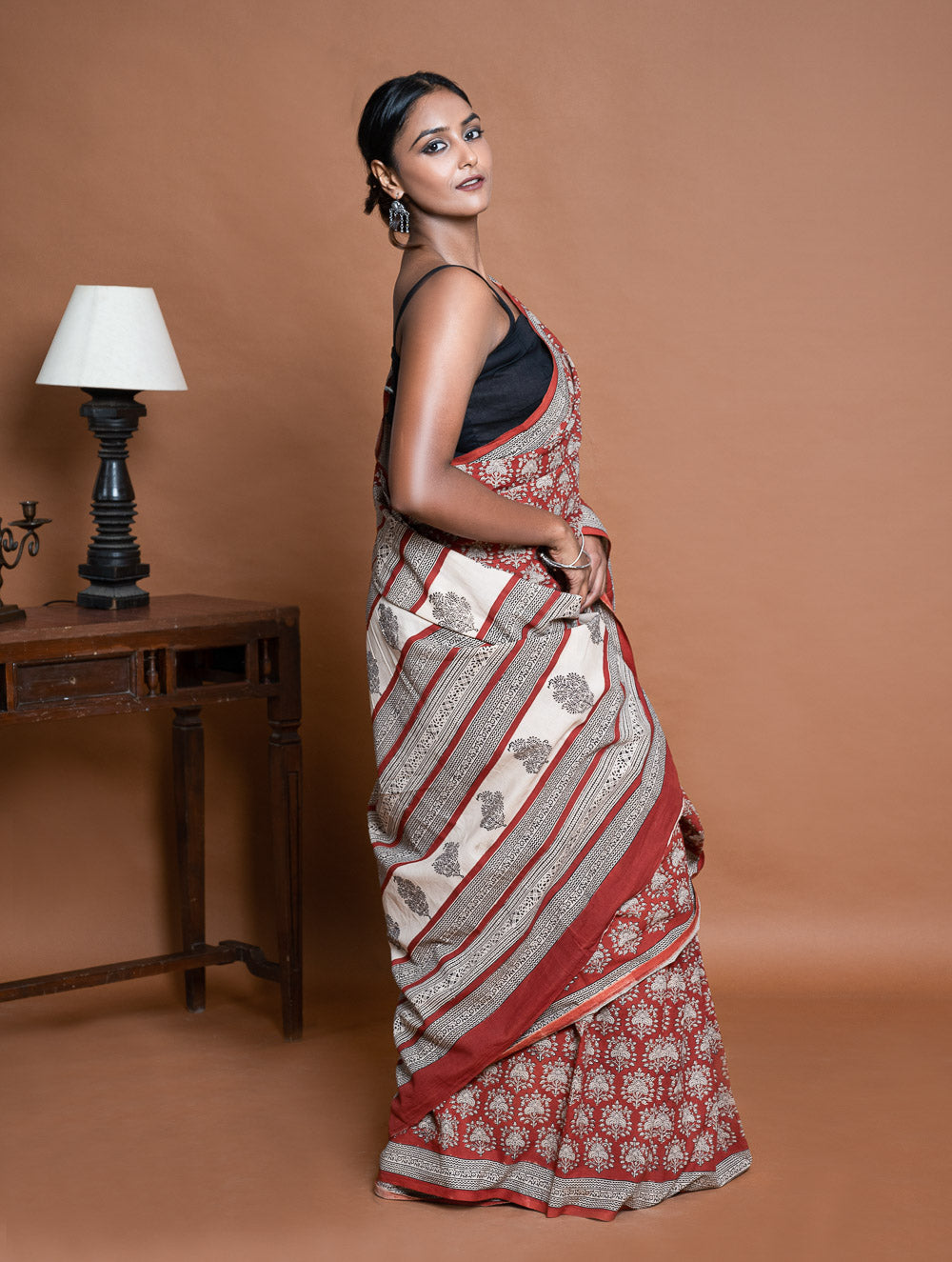Bagru Statements. Hand Block Printed Mul Cotton Saree - Brick Ornate