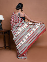 Bagru Statements. Hand Block Printed Mul Cotton Saree - Brick Ornate