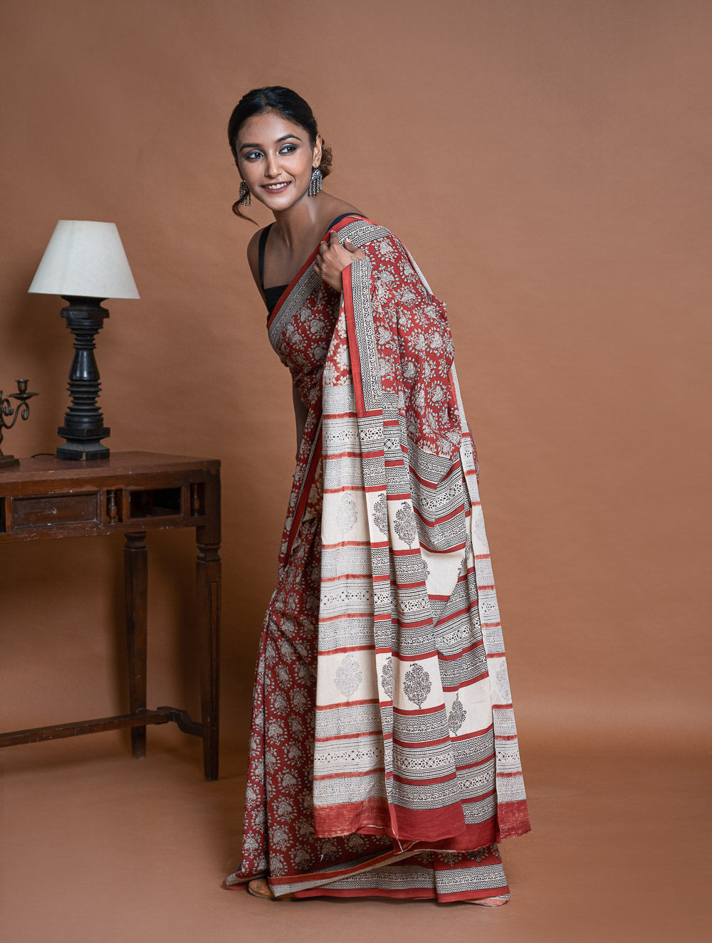 Bagru Statements. Hand Block Printed Mul Cotton Saree - Brick Ornate