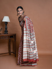 Bagru Statements. Hand Block Printed Mul Cotton Saree - Brick Ornate