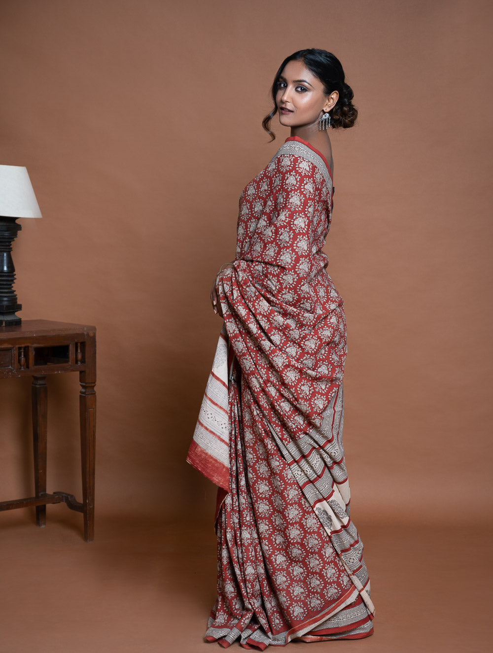 Bagru Statements. Hand Block Printed Mul Cotton Saree - Brick Ornate