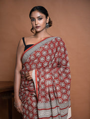 Bagru Statements. Hand Block Printed Mul Cotton Saree - Brick Ornate