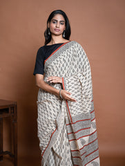 Bagru Statements. Hand Block Printed Mul Cotton Saree - Cream Leaf