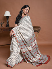 Bagru Statements. Hand Block Printed Mul Cotton Saree - Cream Leaf