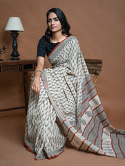 Bagru Statements. Hand Block Printed Mul Cotton Saree - Cream Leaf