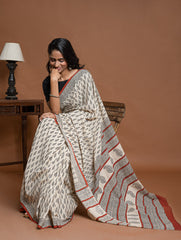Bagru Statements. Hand Block Printed Mul Cotton Saree - Cream Leaf