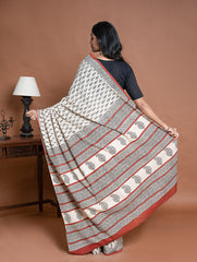 Bagru Statements. Hand Block Printed Mul Cotton Saree - Cream Leaf