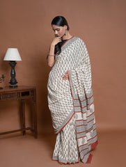Bagru Statements. Hand Block Printed Mul Cotton Saree - Cream Leaf