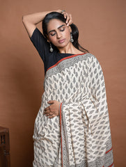 Bagru Statements. Hand Block Printed Mul Cotton Saree - Cream Leaf