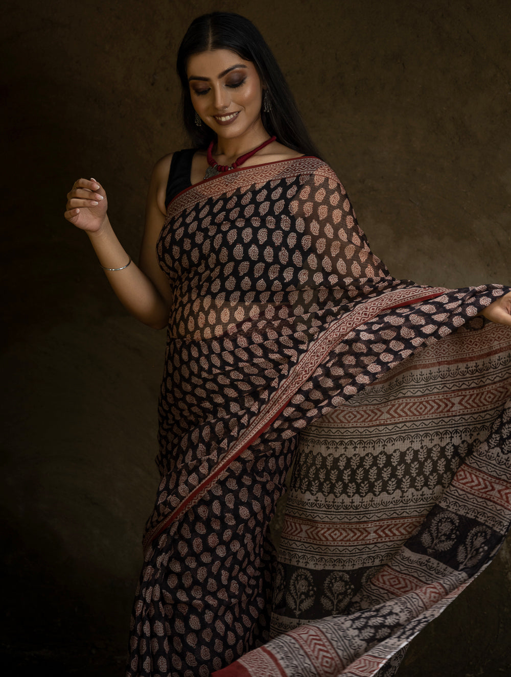 Classic Appeal. Bagru Hand Block Printed Kota Doria Saree - Black Ornate