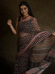 Classic Appeal. Bagru Hand Block Printed Kota Doria Saree - Black Ornate