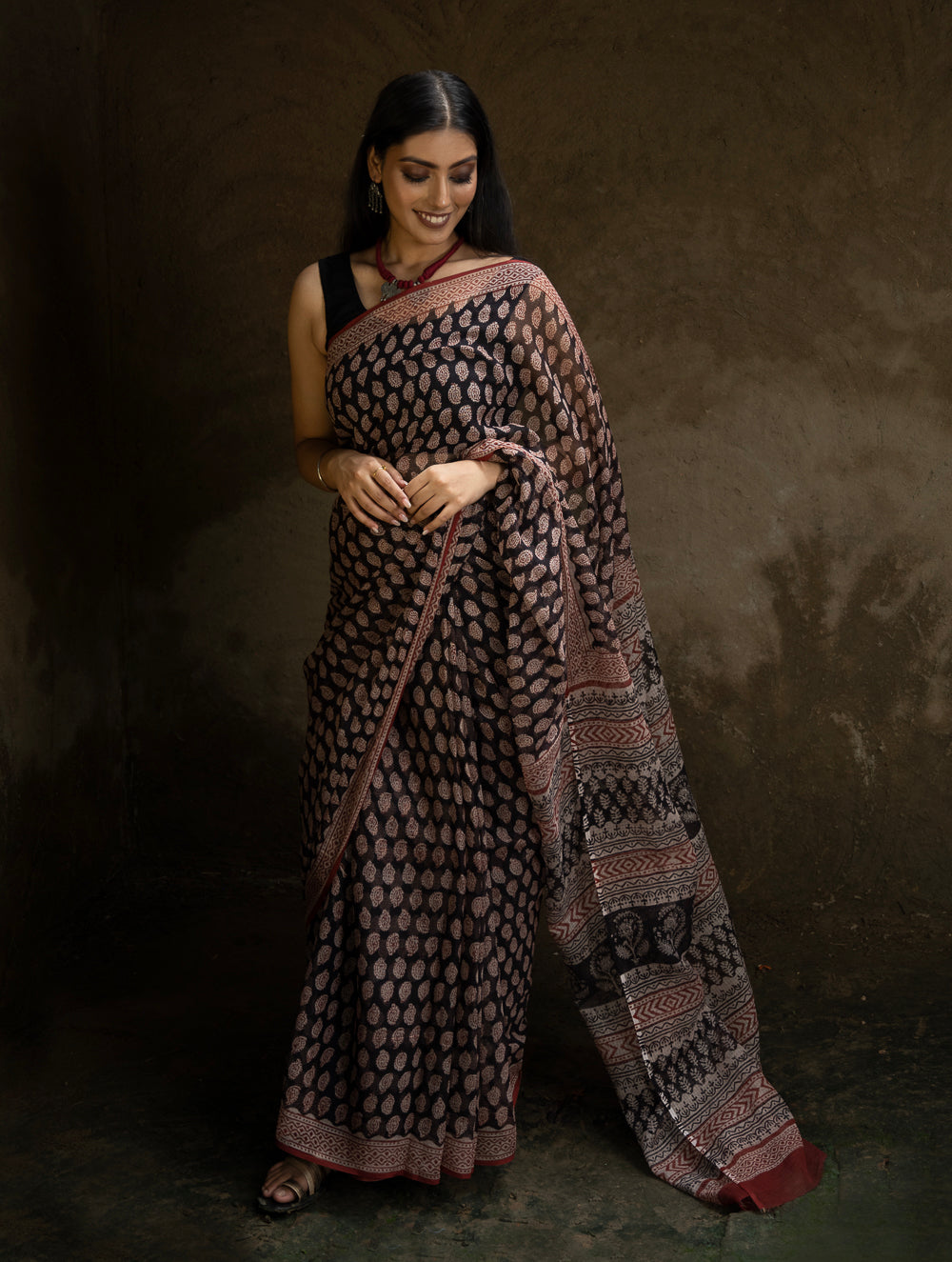 Classic Appeal. Bagru Hand Block Printed Kota Doria Saree - Black Ornate