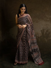 Classic Appeal. Bagru Hand Block Printed Kota Doria Saree - Black Ornate