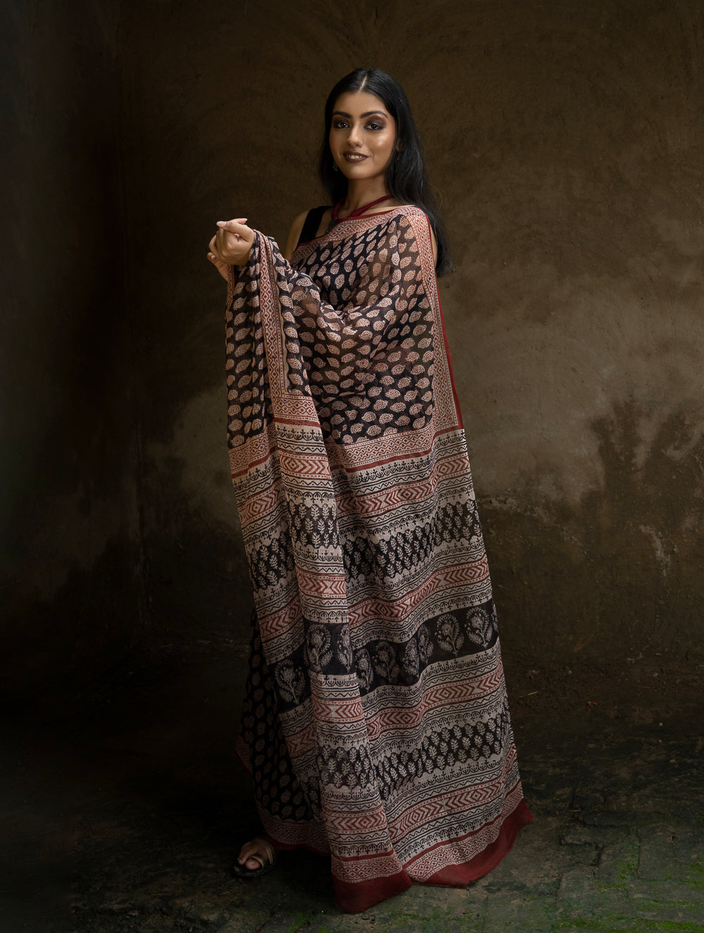 Classic Appeal. Bagru Hand Block Printed Kota Doria Saree - Black Ornate