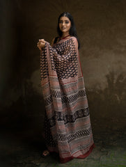 Classic Appeal. Bagru Hand Block Printed Kota Doria Saree - Black Ornate
