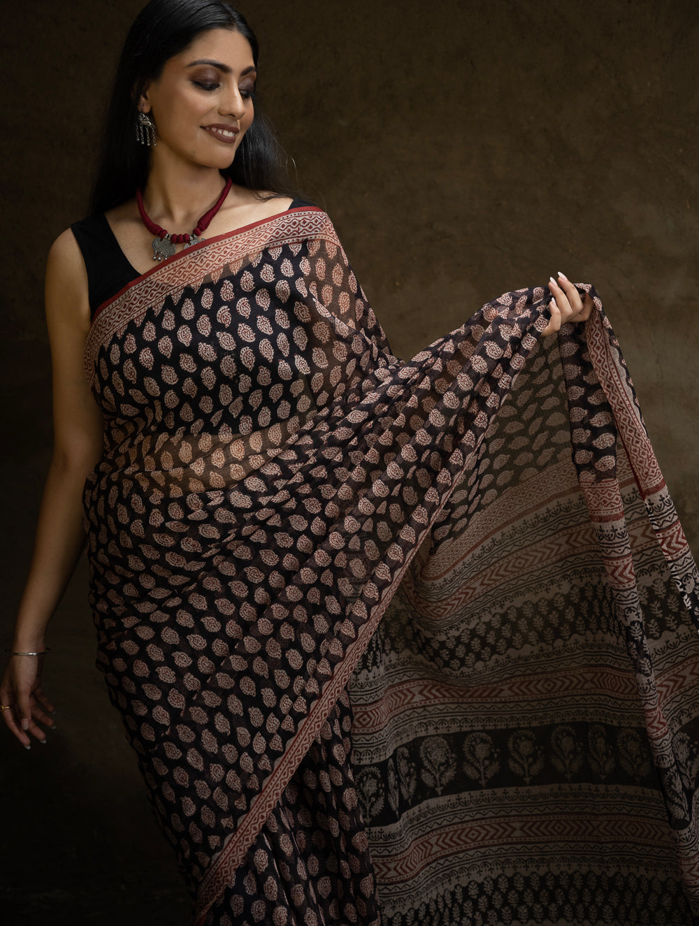Classic Appeal. Bagru Hand Block Printed Kota Doria Saree - Black Ornate