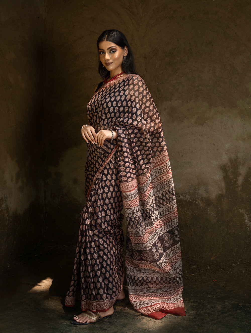 Classic Appeal. Bagru Hand Block Printed Kota Doria Saree - Black Ornate