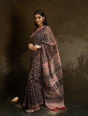 Classic Appeal. Bagru Hand Block Printed Kota Doria Saree - Black Ornate
